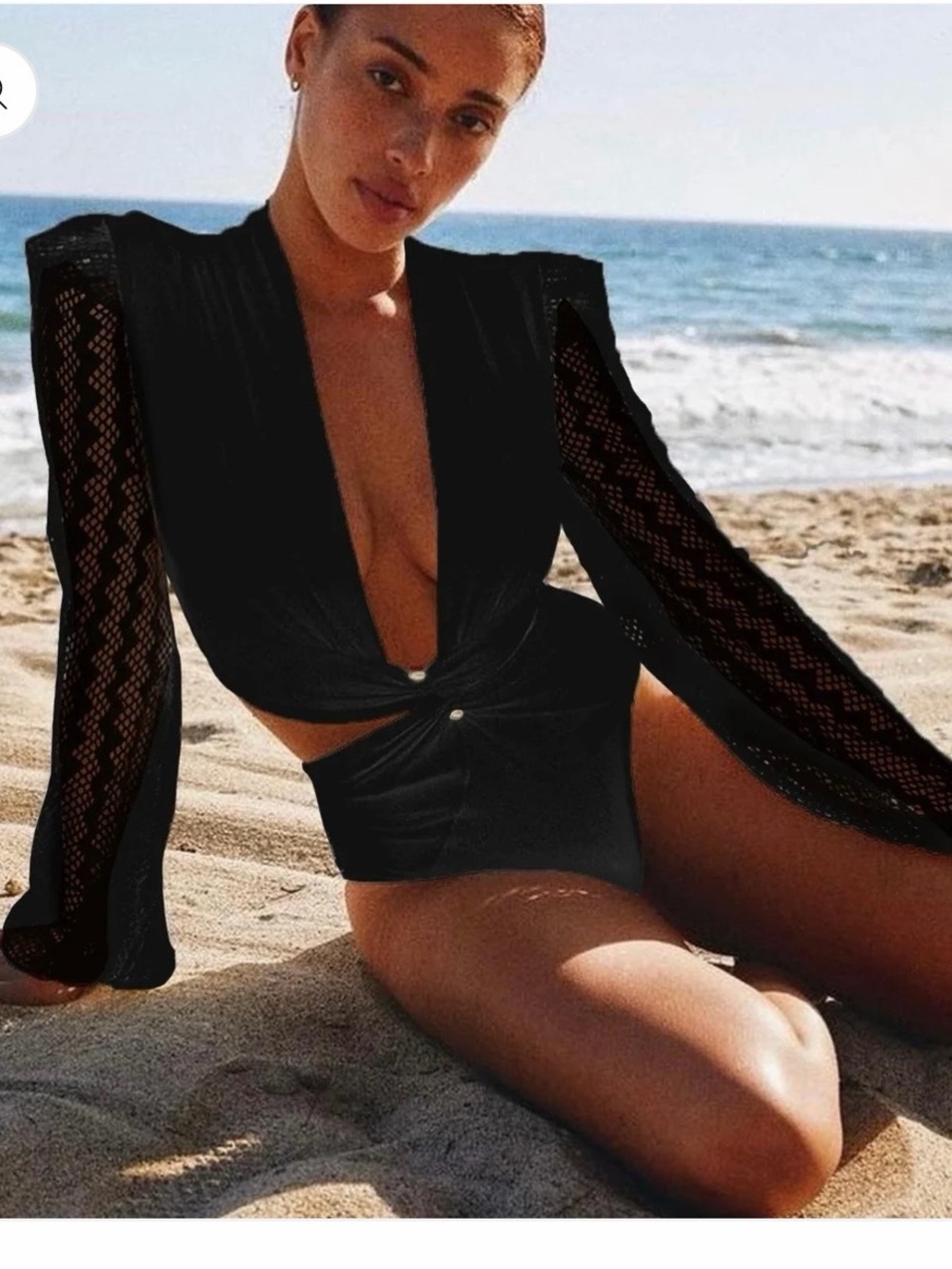Retro inspired Black one piece swimsuit. Deep V neck with Lace Sleeve XL